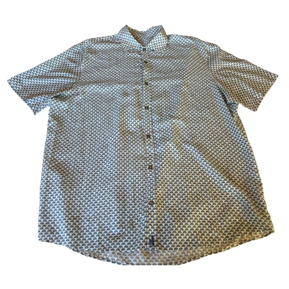 Johnnie-O Mens Short Sleeve Button Down Shirt XL Blue Geometric Lyocell Surfer